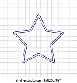 Simple star, rating symbol, outline design. Hand drawn picture on paper sheet. Blue ink, outline sketch style. Doodle on checkered background