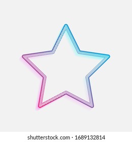 Simple star, rating symbol, outline design. Technology logo with diagonal lines and colored gradient. Neon graphic, light effect. Blue and red colors