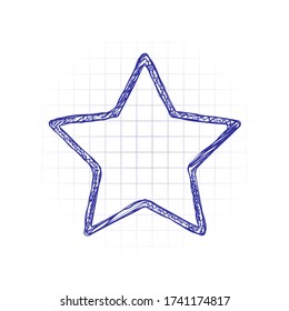 Simple star, rating symbol, outline design. Hand drawn sketched picture with scribble fill. Blue ink. Doodle on white background