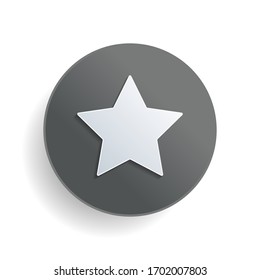 Simple star, rating symbol. White paper symbol on gray round button or badge with shadow