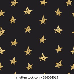 Simple Star Seamless Pattern. Modern Gold Foil Design. Hand Painted Gold Stars On Black Background. Cute Pattern For Cover Design, Greeting Card, Packaging Papers. Vector Illustrations