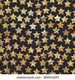 Simple star seamless pattern. Modern gold foil design. Hand Painted gold stars on black background. Cute pattern for cover design, greeting card, packaging papers. Vector illustrations