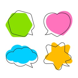 Simple Star Shaped Speech Bubble Yellow, Heart Shaped Speech Bubble Pink, Hexagon Speech Bubble Green, Cloud Speech Bubble Blue, Geometry Balloon Colorful And Isolated On White For Copy Space, Vector