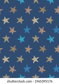 Simple Starry Seamless Vector Pattern. Blue, Gold, Brown and Beige Hand Drawn Stars on a Dark Blue Background. Irregular Doodle Print ideal for Fabric, Textile, Wrapping Paper.