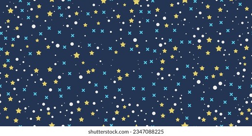 A simple starry sky with white dots and yellow stars scattered randomly across the sky. Pattern for cloth, background, packaging, notepad, wallpaper.