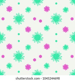 Simple stars motif seamless pattern design inl green and magenta colors agasint pale birght grey background