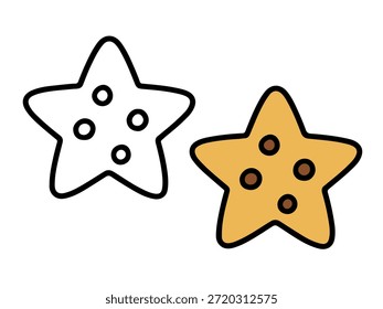 Ilustración simple de galletas en forma de estrella con una versión de color y una versión de contorno, estilo lindo y mínimo adecuado para iconos, pegatinas, gráficos de alimentos, contenido para niños y páginas para colorear.