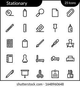 Simple Stationary Icon Set With Line Style Contain Such Icon as Tape, Marker, Search, Magnifier, Document, Paper, Paperclip, Pencil, Edit, Pin, Ruler, Glue, File, Pen and more. 48 x 48 Pixel Perfect