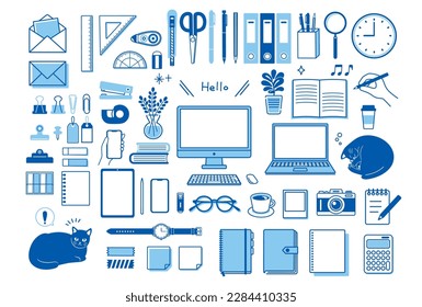 Simple stationery and business icon set.Work, PC, stationery, remote work, study,cat