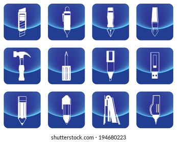 Simple stationery button vector include pen, pencil, cutter, paint brush, dip pen, hammer, screwdriver, highlight pen, handy drive, stapler and liquid paper