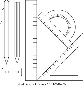 Simple stationery instruments (set in black lines) for writing, drawing, education: pen, pencil, eraser, ruler, triangle ruler, protractor, vector graphics, vector illustration