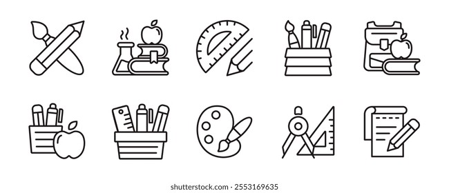 Papelería simple Conjunto de iconos de suministros escolares Educación Estudiante Equipo de estudio Herramientas Señales Línea Ilustración vectorial para Web y App