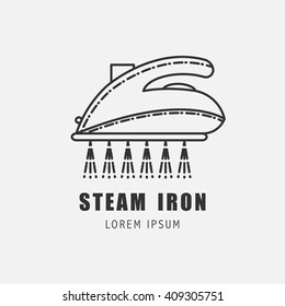 Simple steam iron icon with steam in modern outline style. Vector monochrome illustration.