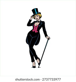 simple stencil vector illustration of pinup girl wearing tuxedo tophat