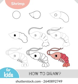 Simple step-by-step tutorial for kids to draw a cute shrimp. Great for preschoolers and young artists who love sea animals. Fun and educational drawing activity