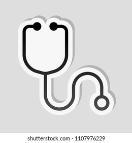 Simple stethoscope icon. Linear, thin outline. Sticker style with white border and simple shadow on gray background