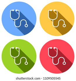 Simple stethoscope icon. Linear, thin outline. Set of white icons with long shadow on blue, orange, green and red colored circles. Sticker style