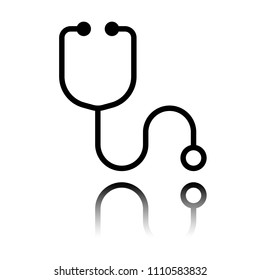 Simple stethoscope icon. Linear, thin outline. Black icon with mirror reflection on white background