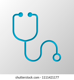 Simple stethoscope icon. Linear, thin outline. Paper design. Cutted symbol with shadow