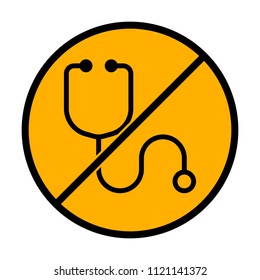 Simple stethoscope icon. Linear, thin outline. not allowed, black object in warning sign with orange background color