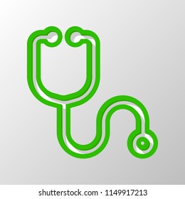 Simple stethoscope icon. Linear, thin outline. Paper style. Cut symbol with green bold contour on shape and simple shadow