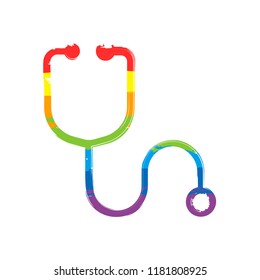 Simple stethoscope icon. Linear, thin outline. Drawing sign with LGBT style, seven colors of rainbow (red, orange, yellow, green, blue, indigo, violet