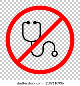 Simple stethoscope icon. Linear, thin outline. Not allowed, black object in red warning sign with transparent background