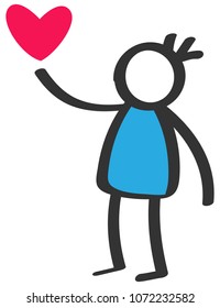 Simple stick figure boy in blue shirt giving love red heart isolated on white background, Mother's Day