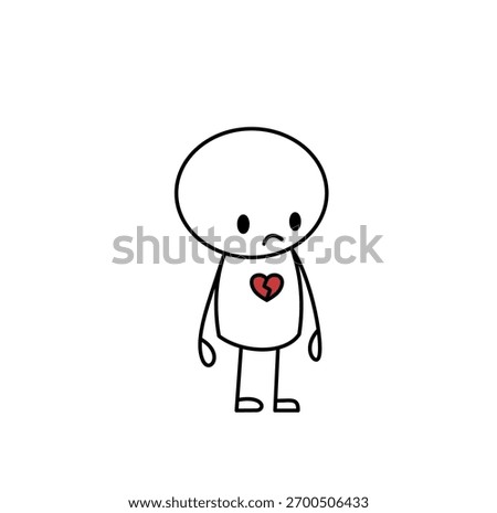 Simple stick figure with a broken heart on its chest, expressing sadness. Minimalist illustration on a white background. Concept of heartbreak, loss, and emotional pain.