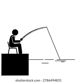 Simple stick figure catching fish with fishing rod, vector.