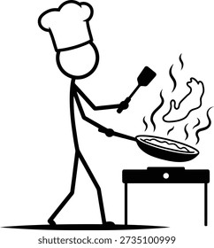 Simple stick figure chef cooks in a pan on a stove with a spatula in a straightforward black and white illustration.