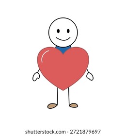 Einfache Strichfigur, die ein großes rotes Herz hält. Minimalistische Illustration vermittelt Liebe, Zuneigung und positive Emotionen. Sauber, hell und für verschiedene Konzepte geeignet.