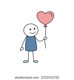 Simple stick figure holding a pink heart-shaped balloon. Minimalist, clean illustration conveying love, happiness, and affection. Ideal for various designs and concepts.