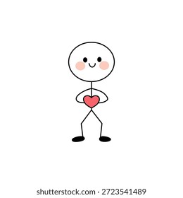 Figura de palo simple que sostiene un corazón rojo. Ilustración minimalista con una cara linda y feliz. Concepto de amor, afecto y cuidado. Limpio, fondo blanco.