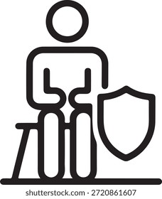Figura de palo simple sosteniendo un escudo mientras trabaja en una computadora portátil que ilustra el concepto de ciberseguridad y protección en línea.