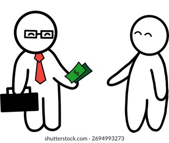 
Uma ilustração simples de figura de palitos mostrando um homem de negócios com óculos, gravata vermelha e pasta dando dinheiro para outra pessoa sorridente. Conceito de salário, pagamento, doação, transação, negócio,