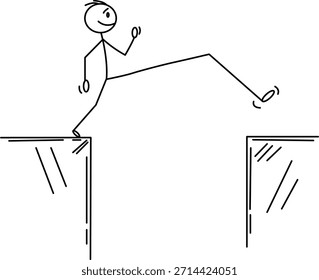 Uma simples figura de palitos salta por um abismo, simbolizando coragem, progresso e o ato de seguir em frente, apesar da incerteza e dificuldade.