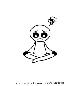 Figura de palo simple en posición de loto, expresando ansiedad con una línea de remolino por encima de la cabeza. Ilustración minimalista que transmite estrés, preocupación o problemas de salud mental. 