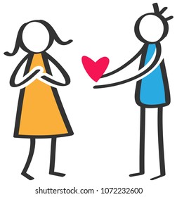 Simple stick figure man giving love red heart to woman, Mother's Day, declaration of love, couple in love