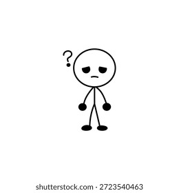 Figura de palo simple con un signo de interrogación, que expresa confusión o incertidumbre. Diseño minimalista sobre fondo blanco. Concepto de duda, resolución de problemas y toma de decisiones.