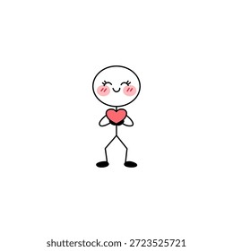 Simple stick figure with a round head, rosy cheeks, and a sweet smile, holding a red heart. Minimalist, cute, and conveys love, affection, and positive emotions.