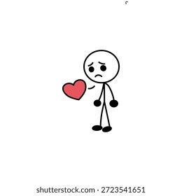 Figura de palo simple con cara triste, sosteniendo un corazón rojo. Ilustración minimalista que transmite angustia, pérdida o amor no correspondido. Fondo blanco limpio.