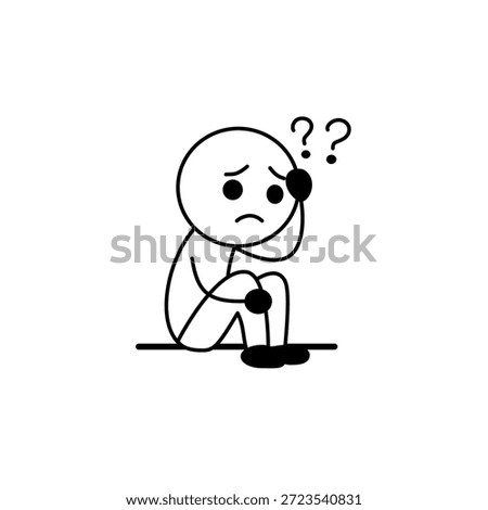 Simple stick figure sitting, head in hand, with question marks above. Depicts confusion, uncertainty, or contemplation. Minimalist design, clean lines, black and white.