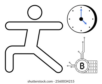Simple stick figure in stretching pose next to a clock and a Bitcoin symbol. Ideal for fitness, time management, cryptocurrency, digital finance, health routines. Minimalist vector style