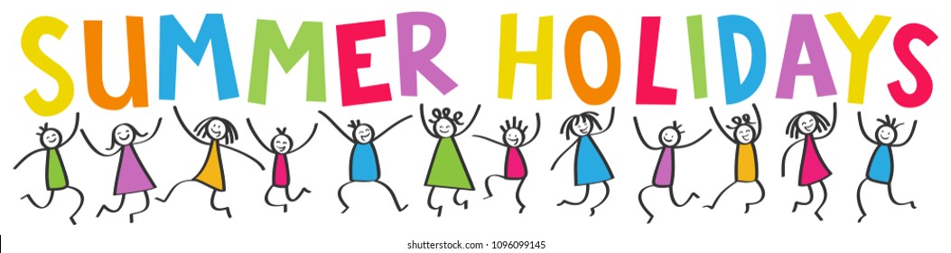 Simple stick figures banner, happy kids jumping, colorful letters SUMMER HOLIDAYS isolated on white background