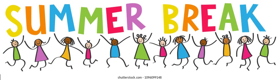 Simple stick figures banner, happy multicultural kids jumping, colorful letters SUMMER BREAK isolated on white background