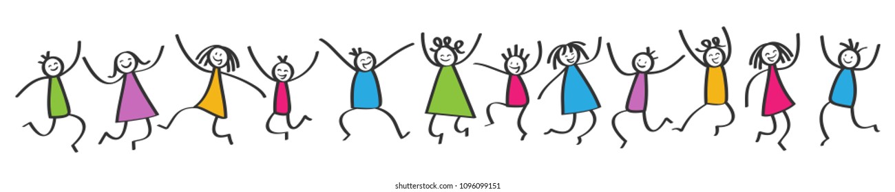 Simple stick figures banner, happy colorful kids jumping, hands in the air, isolated on white background