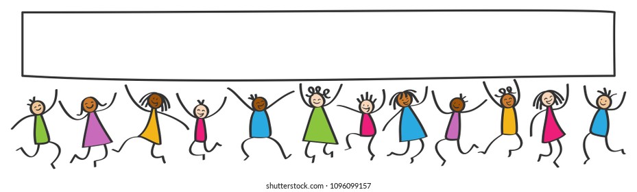 Simple stick figures banner, happy multicultural kids jumping, blank white poster board, isolated on white background