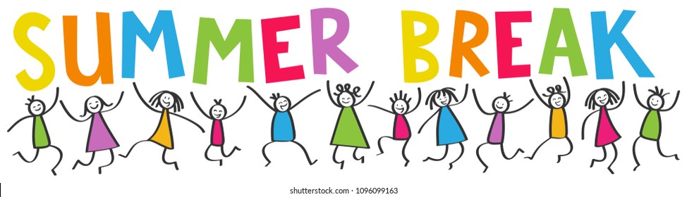 Simple stick figures banner, happy kids jumping, colorful letters SUMMER BREAK isolated on white background