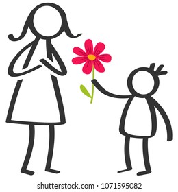 Simple stick figures family, boy giving flower to mother on Mother's Day, birthday isolated on white background